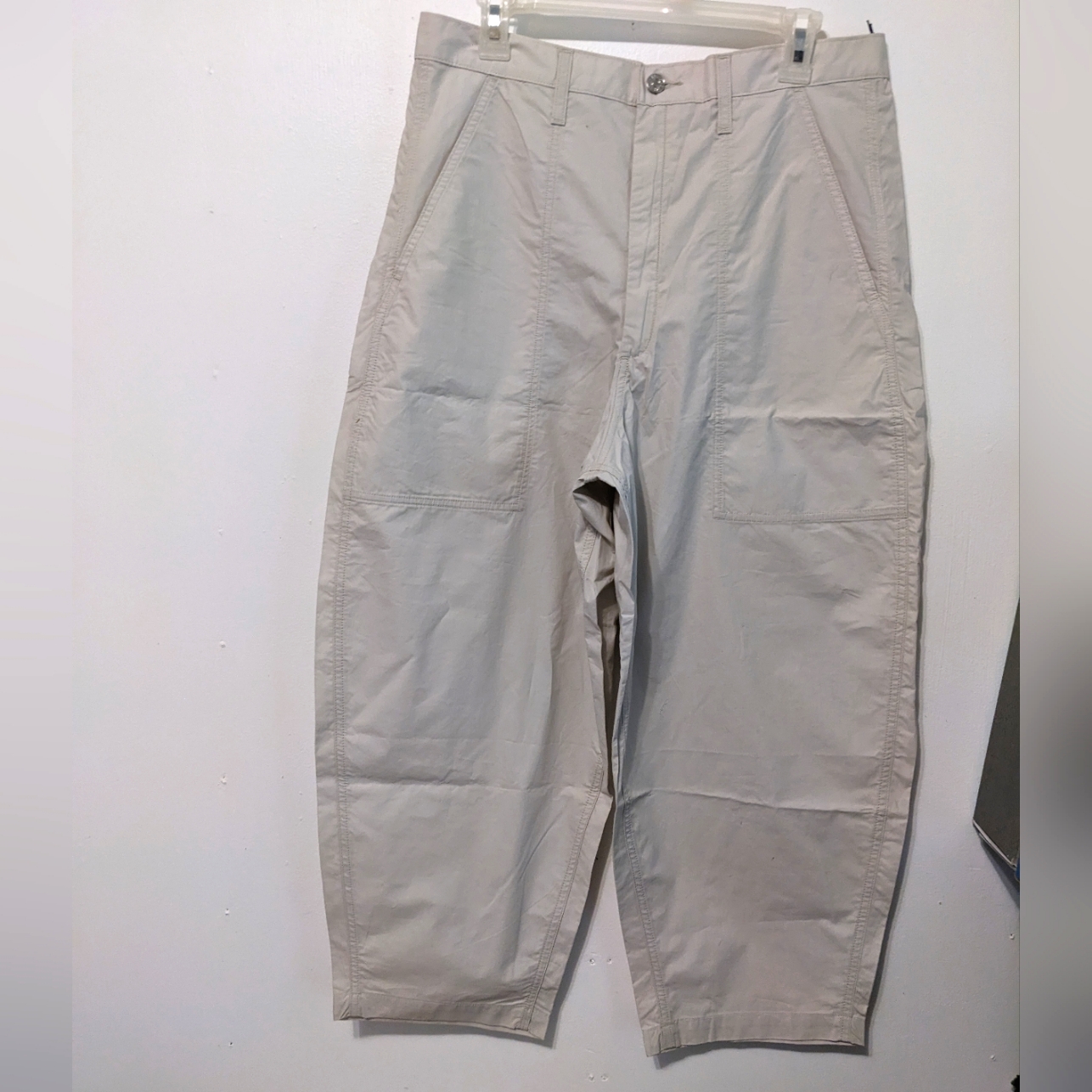 Edwin Pants Women's 32 Utility Barrel Leg Large Pockets Cotton Oyster Shade Nwt
